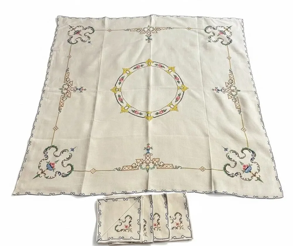 Vintage Hand Embroidered Bridge Card Tablecloth 33.5